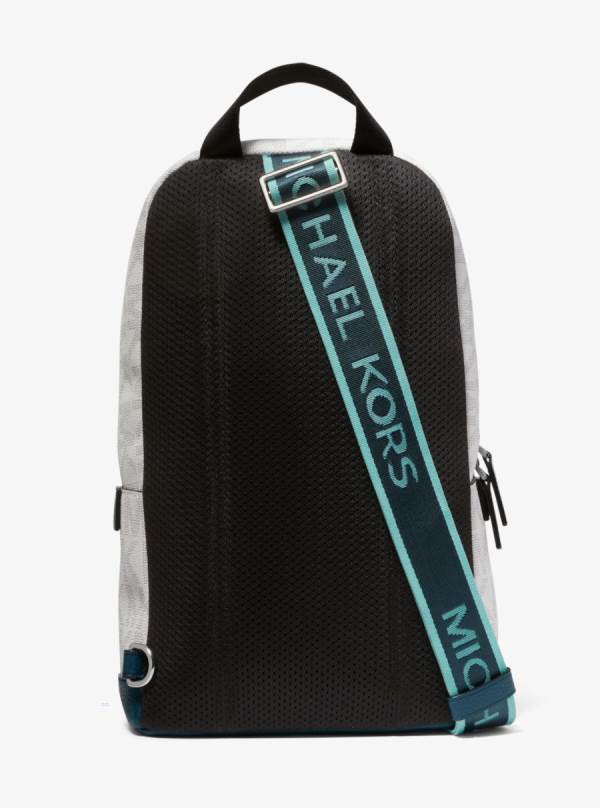 Panske Crossbody Kabelka Michael Kors Cooper Embossed Faux Leather and Logo Stripe Sling Pack Biele Zelene - Tasky Michael Kors Akcia | BVDTF-6751